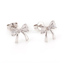 Brass Micro Pave Clear Cubic Zirconia Ear Studs, with Ear Nuts and 925 Sterling Silver Pins, Bowknot