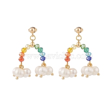 Natural Pearl & Glass Beaded Rainbow & Cloud Dangle Stud Earrings, Brass Drop Earrings for Women