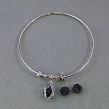 Stainless Steel Bracelet with Hollow Water Drop Pendant and Black Volcanic Stone