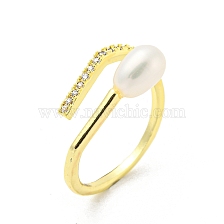 Brass Micro Pave Cubic Zirconia Open Cuff Rings, with Natural Pearl