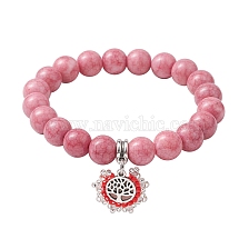 10.5mm Round Opaque Crackle Glass Beaded Stretch Bracelets, Alloy Tree of Life Charm Bracelets