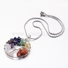 Tree of Life Mixed Stone Big  Pendants Necklaces, with 304 Stainless Steel Rope Chain