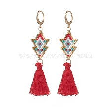 Glass Seed Braided Arrow Dangle Leverback Earrings, Bohemia Long Tassel Drop Earrings for Women