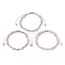 3Pcs 3 Color Natural Pearl & Glass Seed Braided Bead Bracelets Set, Nylon Adjustable Bracelets