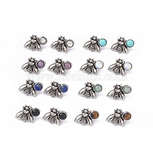 Gemstone Bee Stud Earrings, Antique Silver Alloy Earrings with Brass Pins for Women