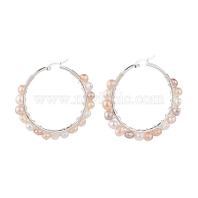 Natural Pearl Wire Wrapped Beaded Hoop Earrings for Women, Silver