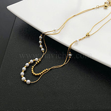 304 Stainless Steel Coreana Chains Double Layer Necklaces, with Plastic Imitation Pearl Beaded