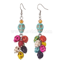 Dyed Synthetic Turquoise Skull Dangle Earrings, 304 Stainless Steel Cluster Drop Earrings for Women