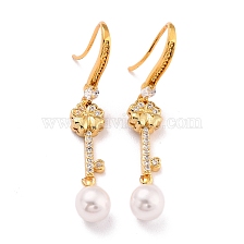 Clover Skeleton Key Sparkling Cubic Zirconia Dangle Earrings for Her, Brass Earrings with Acrylic Pearl Beads