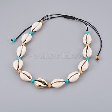 Adjustable Cowrie Shell and Synthetic Turquoise Beaded Necklaces, with Electroplated Sea Shell Beads and Wood Beads, Nylon Cord