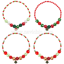 4Pcs 4 Styles ABS Plastic Pearl & Acrylic & Resin Beaded Necklaces Set, Christmas Tree & Snowflake & Santa Claus Alloy Enamel Pendants Stackable Necklaces for WomenStackable Necklaces for Women