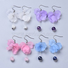 Dangle Earrings, with 304 Stainless Steel Findings, Acrylic Pendants and Natural Gemstone, Flower