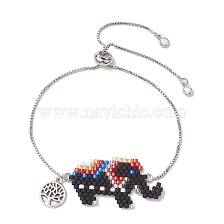 Elephant Glass Seed Beads Link Bracelets, Brass Box Chain Slider Bracelets for Women, Real Platinum Plated