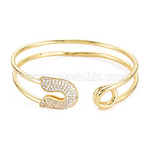 Cubic Zirconia Safety Pin Wrap Open Cuff Bangle, Real 18K Gold Plated Brass Double Line Bracelet for Women, Cadmium Free & Lead Free