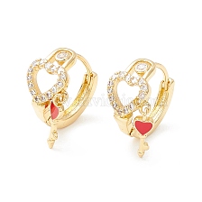 Clear Cubic Zirconia Heart Pad Lock Hinged Hoop Earrings with Enamel Skeleton Key Drop for Women, Cadmium Free & Nickel Free & Lead Free, Real 18K Gold Plated