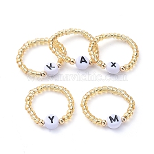 Glass Seed Beads Stretch Finger Rings, with Golden Plated Brass Beads and Letter Acrylic Beads