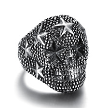 Skull with Star Chunky Wide Band Ring, Gunmetal 316 Stainless Steel Halloween Jewelry for Women