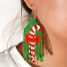 Red Cane Tassel Earrings Bohemian Christmas Gift with Christmas Card Paper.