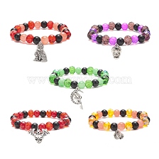 Galss Round Beaded Stretch Bracelet, Halloween Alloy Charms Adjustable Bracelet for Women