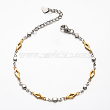 Rhombus 304 Stainless Steel Link Bracelets, with Lobster Claw Clasps & Extender Chains with Heart Charm, Golden & Stainless Steel Color, 7-1/8 inch(180mm)