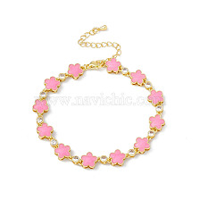 Brass Micro Pave Cubic Zirconia Chain Bracelets, Enamel Style Pink Flower Link Chain Bracelet for Women, with Chain Extender & Lobster Claw Clasp