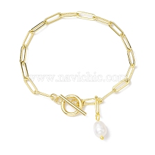 Natural Cultured Freshwater Pearl Charm Bracelets, Brass Paperclip Chain Bracelets for Women