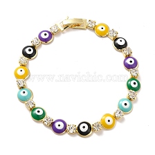 Rack Plating Iron Flat Round & Square Link Chains Bracelet, Enamel Evil Eye Bracelet with Clear Cubic Zirconia for Women, Golden