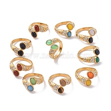 Gemstone Oval Open Cuff Ring with Crystal Rhinestone, Ion Plating(IP) 304 Stainless Steel Jewelry for Women, Golden