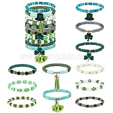 11Pcs 11 Style Alloy Enamel Clover & Cloth Flower Tassel Charm Stretch Bracelets Set, Polymer Clay Heishi Surfer Bracelets, Preppy Jewelry for Saint Patrick's Day