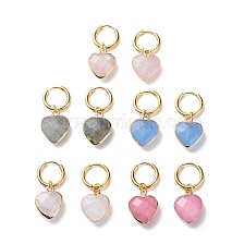 Natural Gemstone Heart Dangle Earrings, Gold Plated 304 Stainless Steel Jewelry for Women