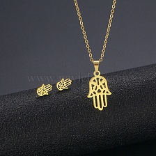 304 Stainless Steel Hamsa Hand Stud Earrings and Pendant Necklace, Jewelry Set for Mother's Day