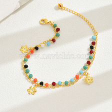 Golden Double Layer Colorful Rice Bead Flower Tassel Anklet for Women