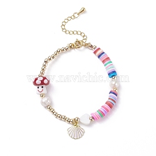 Alloy Enamel Shell Charm Bracelet, Natural Pearl & Polymer Clay & Lampwork Mushroom Bracelet for Women