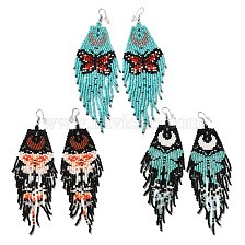 Bohemia Woven Glass Seed Bead Dangle Earrings, Tassel Chandelier Iron Earrings for Women, Butterfly