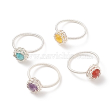 4Pcs 4 Style Natural & Synthetic Mixed Gemstone Round Finger Rings Set, Silver Copper Wire Wrapped Stackable Rings for Women