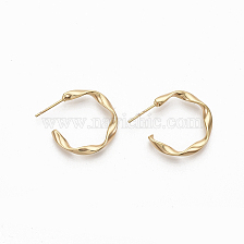 Semicircular Brass Stud Earrings, Half Hoop Earrings, Twited Letter C Shape, Nickel Free, Real 18K Gold Plated, 23.5x22x3mm, Pin: 0.8mm