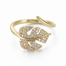 Brass Micro Pave Clear Cubic Zirconia Cuff Rings, Open Rings, Nickel Free, Leaf, Real 16K Gold Plated, US Size 6 3/4(17.1mm)