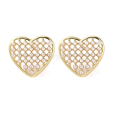 Rack Plating Brass Heart Stud Earring, with Plastic Pearl Beads, Long-Lasting Plated, Lead Free & Cadmium Free