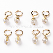 Brass Huggie Hoop Earrings, with Alloy Cabochons and Natural Baroque Pearl Keshi Pearl Beads, Oval with Marine Organism