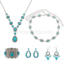 ANATTASOUL Synthetic Turquoise Hollow Out Teardorp Chandelier & Dangle Stud Earring & Stretch Bracelet & Lariat Necklace & Link Chain Waist Belt, Antique Silver Alloy Jewelry Set for Women