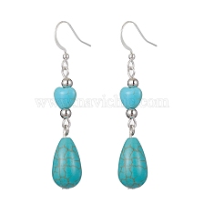 Teardrop & Heart Synthetic Turquoise Dangle Earrings, Silver Plated Brass Earring for Women