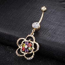 Piercing Jewelry, Brass Cubic Zirconia Navel Ring, Navel Ring Belly Rings, with 304 Stainless Steel Bar, with 304 Stainless Steel Bar, Cadmium Free & Lead Free, Flower