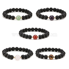 Natural Lava Rock & Mixed Gemstone Round Beaded Stretch Bracelet