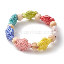 Beach Tortoise Handmade Procelain & Wood Round Beaded Stretch Bracelets, Summer Kid Bracelets for Girls