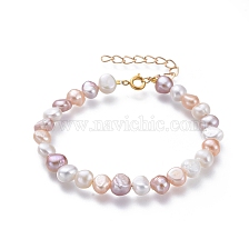 Natural Freshwater Pearl Beaded Bracelets, with Iron Extension Chain, Brass Findings, Mixed Color