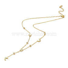 Rhinestone & Natural  Shell Moon & Star Link Chains Lariat Necklace, Ion Plating(IP) 304 Stainless Steel Jewelry for Women