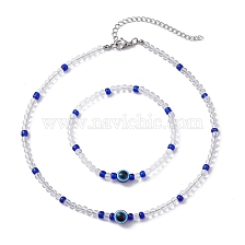 Evil Eye Jewelry Set, Resin & Acrylic Stretch Bracelet and Beaded Necklace