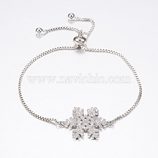 Adjustable Brass Micro Pave Cubic Zirconia Bolo Bracelets, Slider Bracelets, with Brass Box Chains, Snowflake