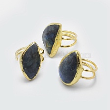 Natural Labradorite Cuff Rings, Open Rings, with Brass Findings