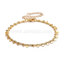 Brass Curb Chain Bracelets, with Flat Round Charms and 304 Stainless Steel Lobster Claw Clasps, Golden, 7-1/2 inch(19.1cm)